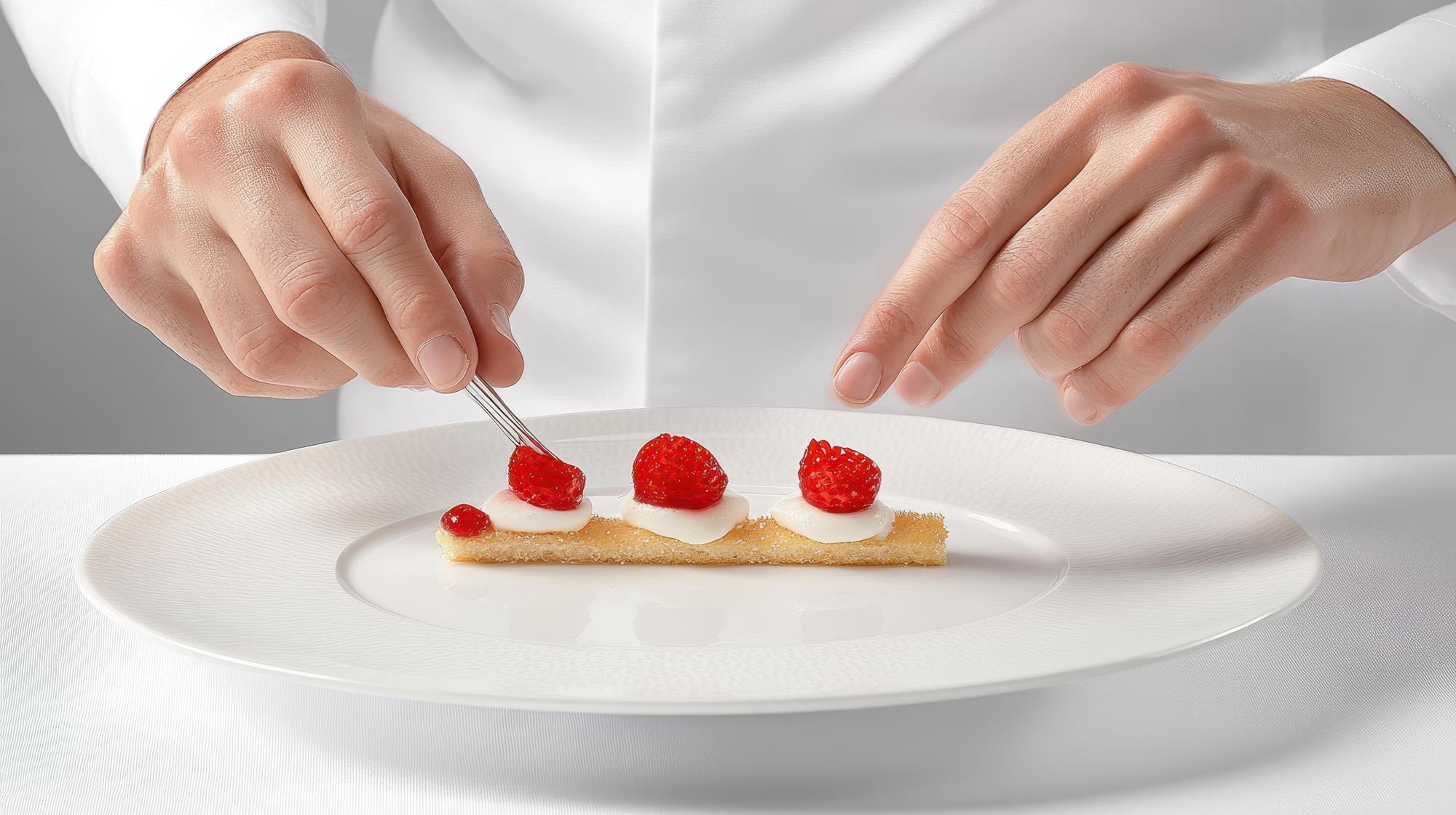 Close-up of hands garnishing dessert